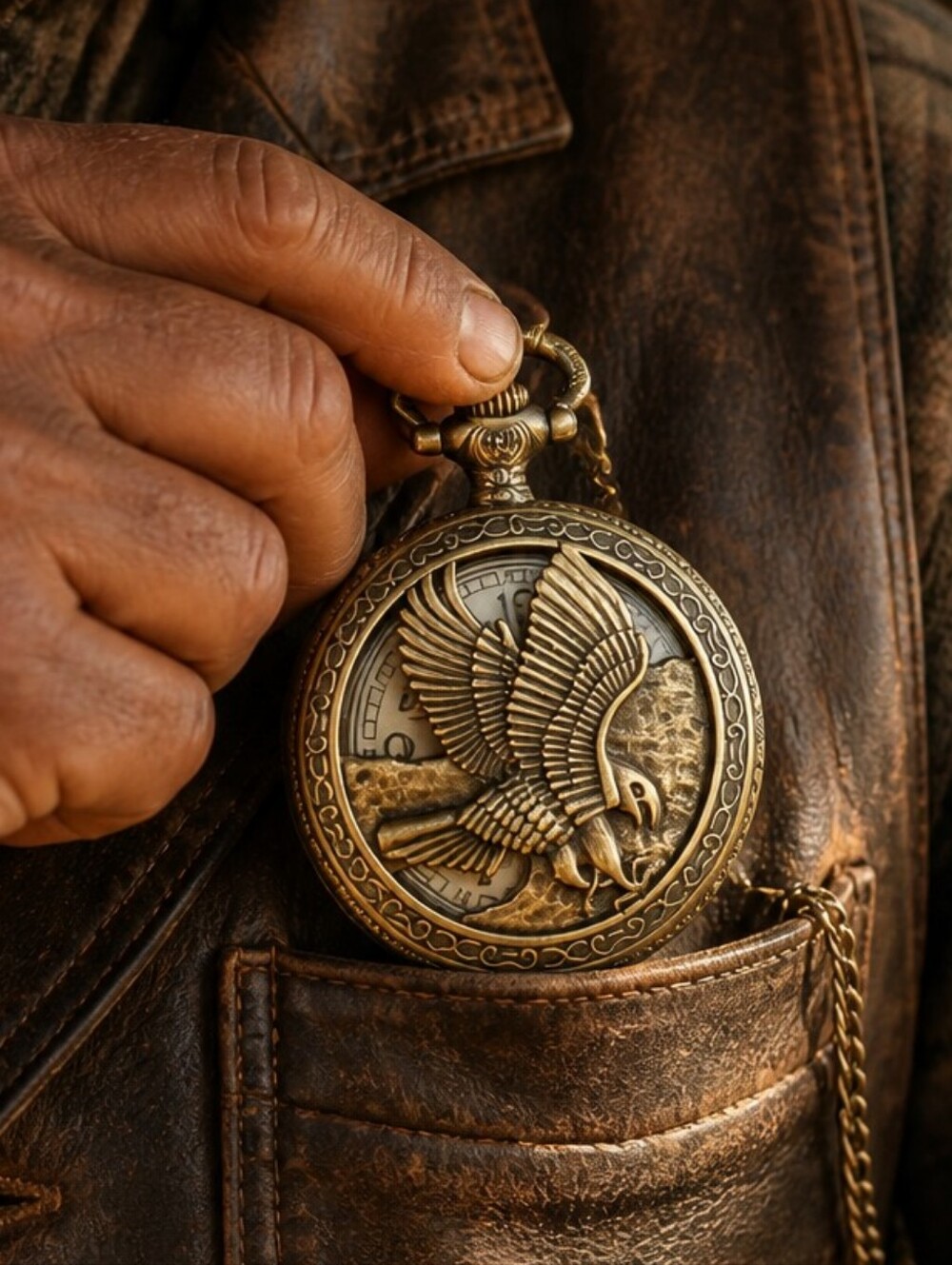 Flying Eagle Pocket Watch Antique Bronze Quartz Chain Engraved Bird Vintage Gift
